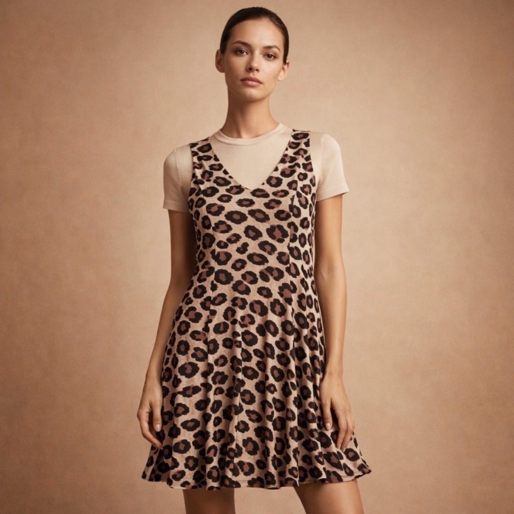 Premise Tan and Black Leopard Print Sleeveless Mini Dress Size Large L